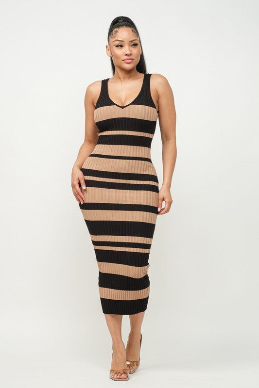 SLEEVELESS STRIPED V-NECK  knit MIDI DRESS