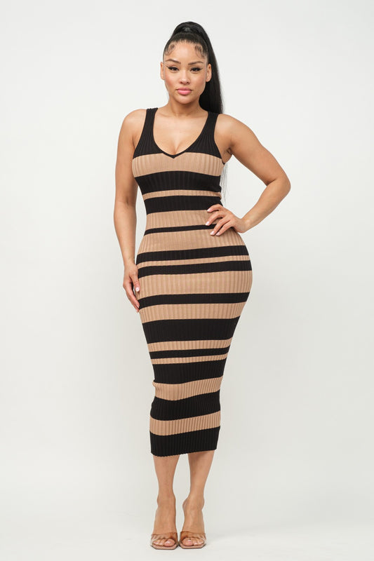 SLEEVELESS STRIPED V-NECK  knit MIDI DRESS