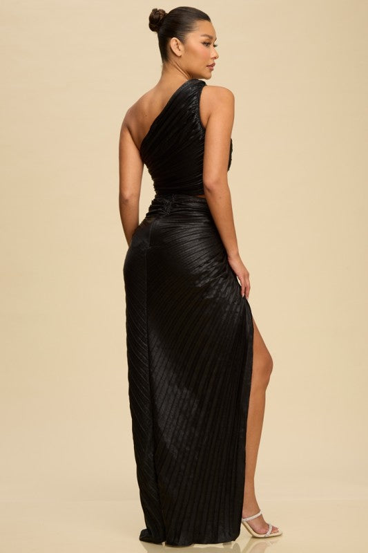 METALLIC PLEATED SKIRT TOP SET