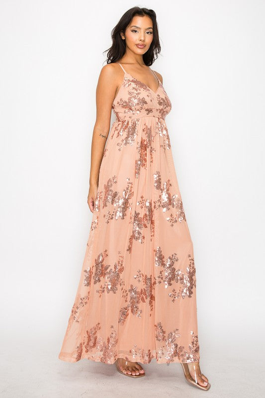 A-LINE SQUINED V-NECK MAXI DRESS