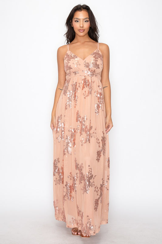 A-LINE SQUINED V-NECK MAXI DRESS