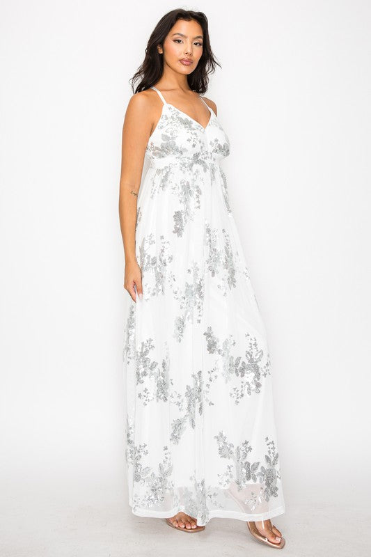 A-LINE SQUINED V-NECK MAXI DRESS