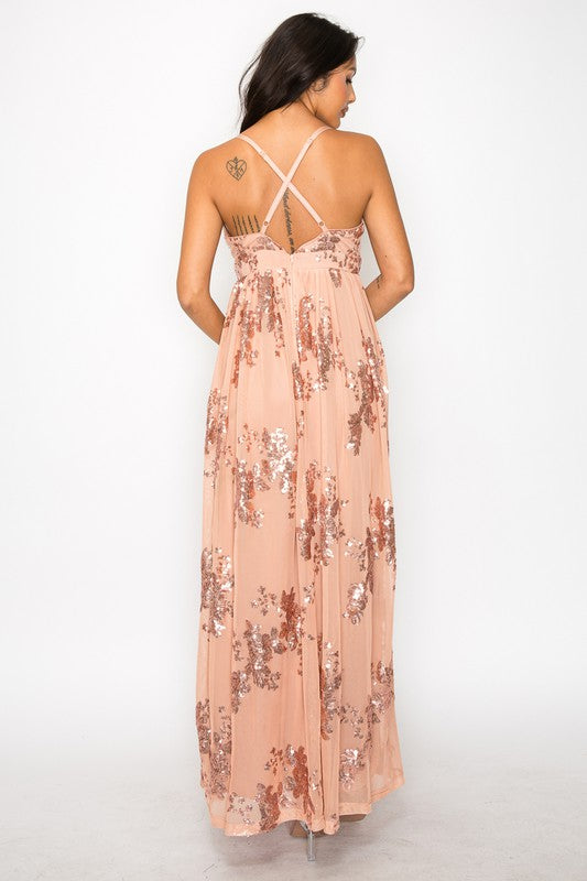 A-LINE SQUINED V-NECK MAXI DRESS