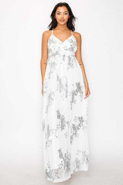 A-LINE SQUINED V-NECK MAXI DRESS