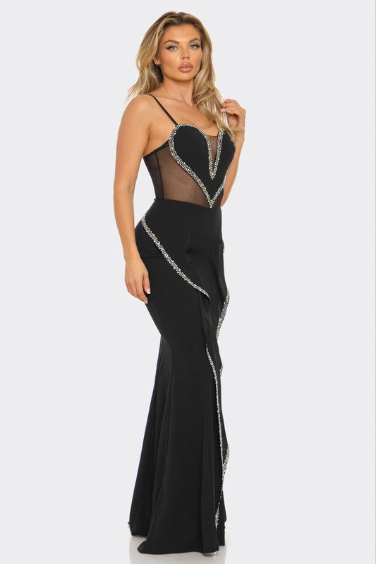 RHINESTONE HEART SHAPED MERMAID MAXI DRESS