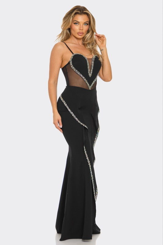 RHINESTONE HEART SHAPED MERMAID MAXI DRESS