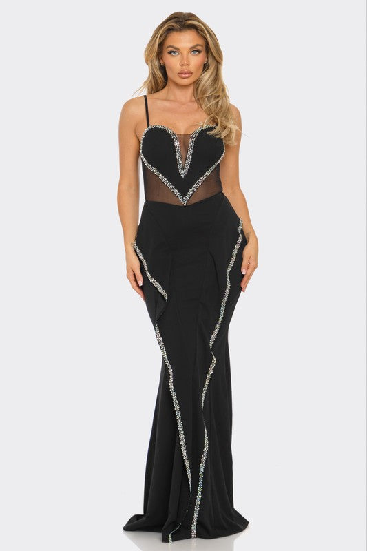 RHINESTONE HEART SHAPED MERMAID MAXI DRESS