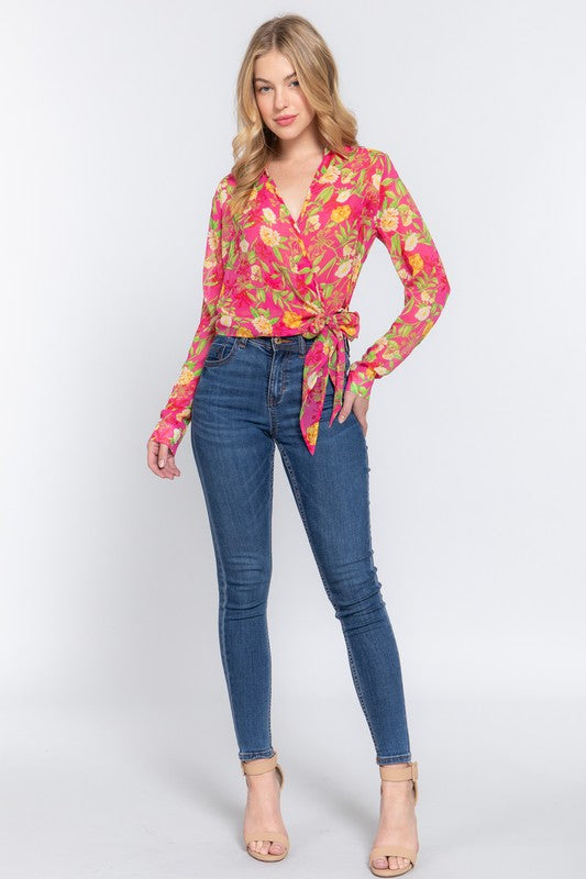 SURPLICE FLORAL PRINT CHIFFON BLOUSE