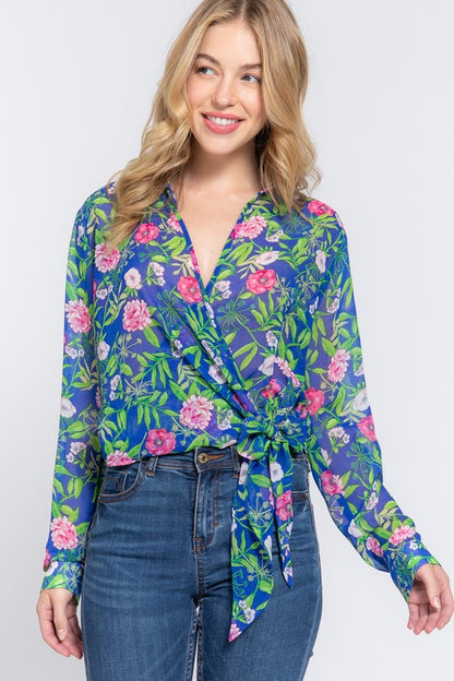 SURPLICE FLORAL PRINT CHIFFON BLOUSE