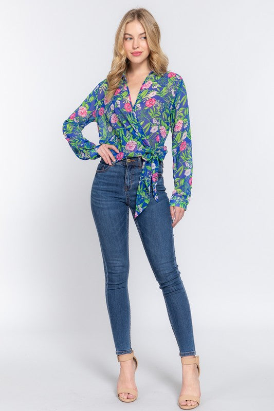 SURPLICE FLORAL PRINT CHIFFON BLOUSE