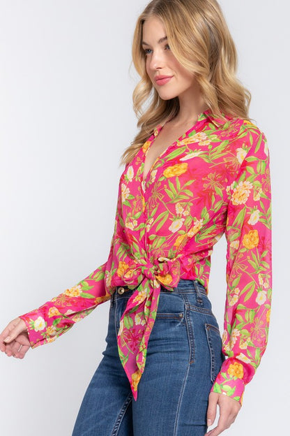 SURPLICE FLORAL PRINT CHIFFON BLOUSE