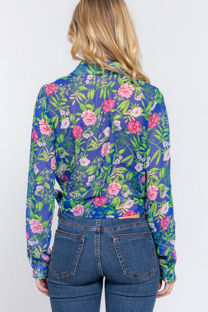 SURPLICE FLORAL PRINT CHIFFON BLOUSE