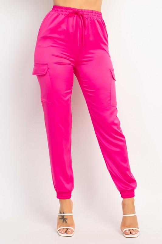 SATIN HIGH RISE CARGO PANTS