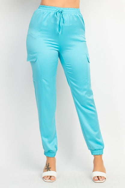 SATIN HIGH RISE CARGO PANTS