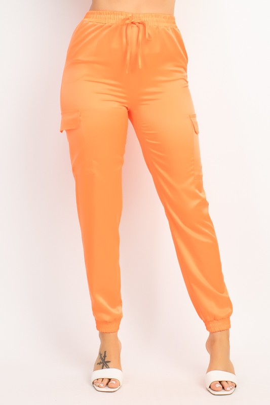 SATIN HIGH RISE CARGO PANTS