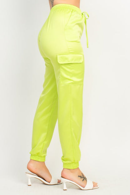 SATIN HIGH RISE CARGO PANTS