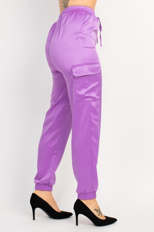 SATIN HIGH RISE CARGO PANTS