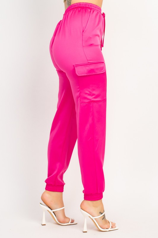 SATIN HIGH RISE CARGO PANTS