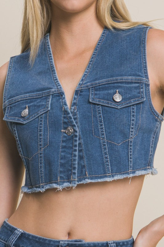 DENIM SLEEVELES CROPPED VEST TOP