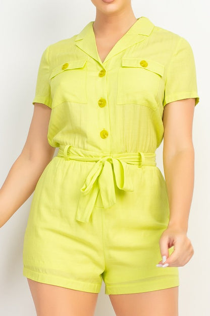 COLLARED SOLID BELTED BUTTON-DOWN ROMPER