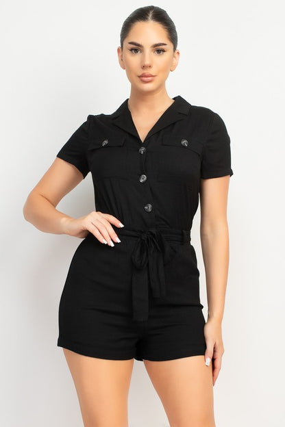 COLLARED SOLID BELTED BUTTON-DOWN ROMPER