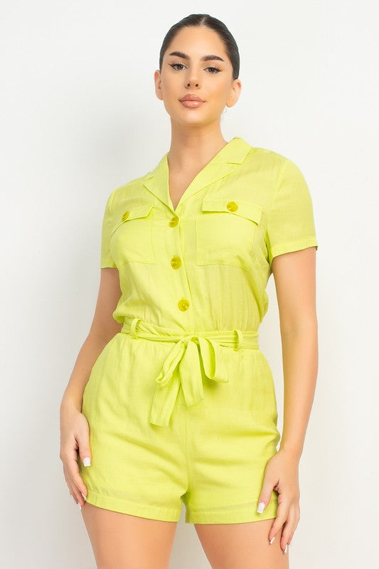 COLLARED SOLID BELTED BUTTON-DOWN ROMPER