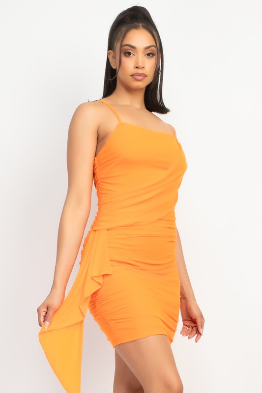 RUCHED RUFFLE TRIM MESH DRESS