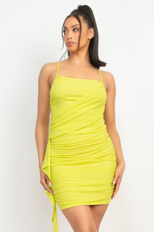 RUCHED RUFFLE TRIM MESH DRESS