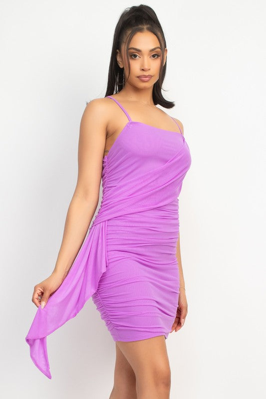 RUCHED RUFFLE TRIM MESH DRESS