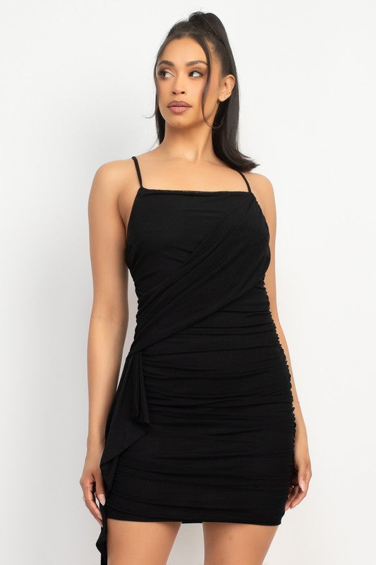 RUCHED RUFFLE TRIM MESH DRESS