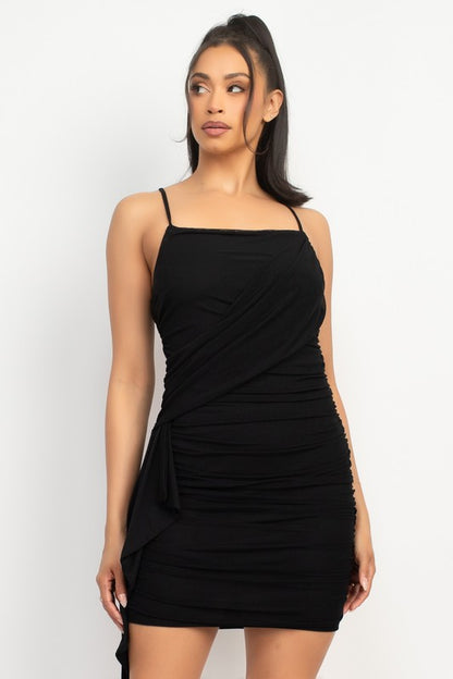 RUCHED RUFFLE TRIM MESH DRESS