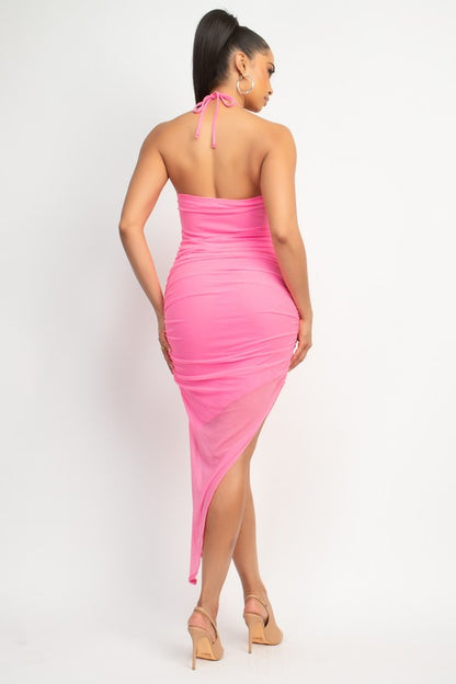 HALTER RUCHED MIDI DRESS