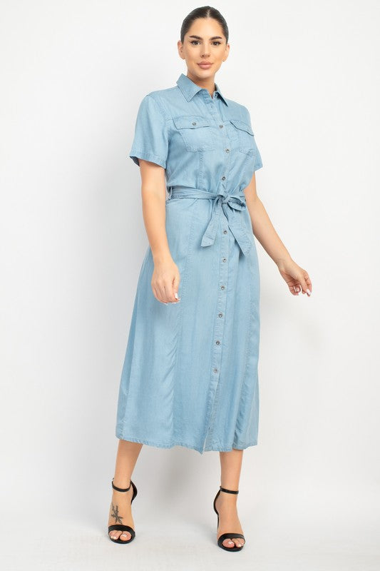 COLLARED BUTTON WAIT TIE DENIM DRESS