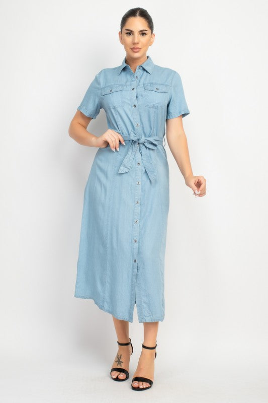 COLLARED BUTTON WAIT TIE DENIM DRESS