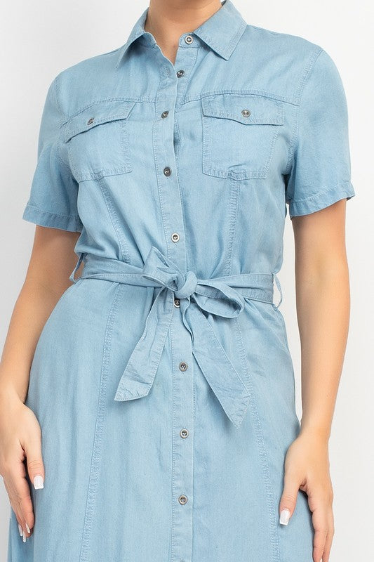 COLLARED BUTTON WAIT TIE DENIM DRESS