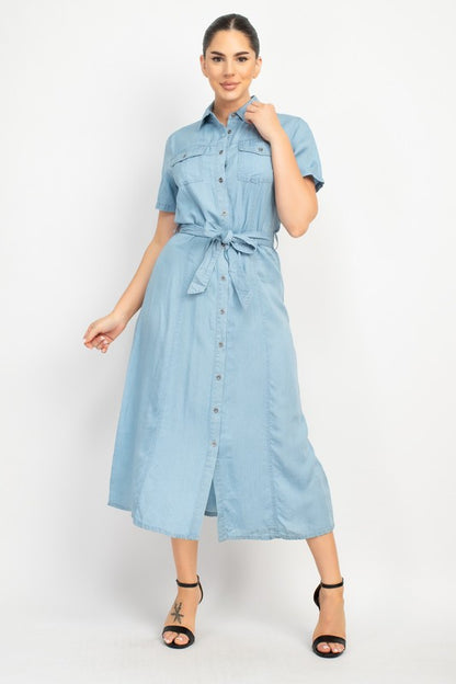 COLLARED BUTTON WAIT TIE DENIM DRESS