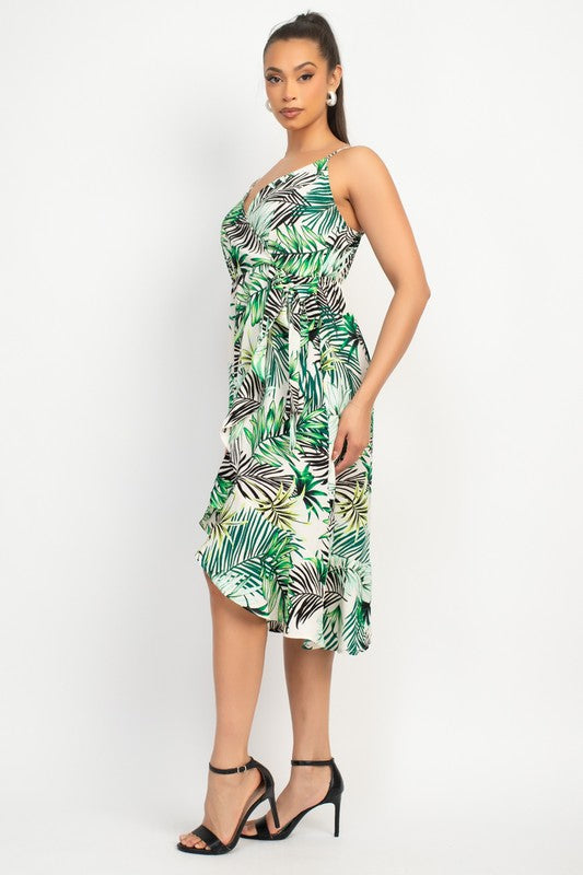 TROPICAL PRINT FLOUNCE MIDI DRESS