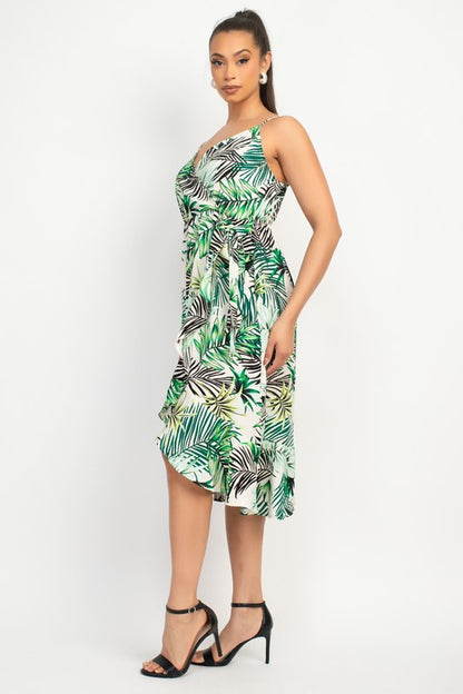 TROPICAL PRINT FLOUNCE MIDI DRESS