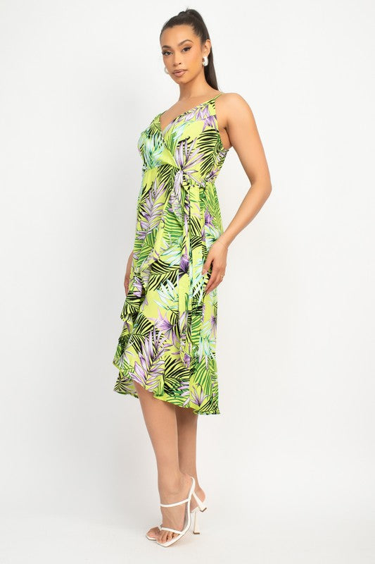 TROPICAL PRINT FLOUNCE MIDI DRESS