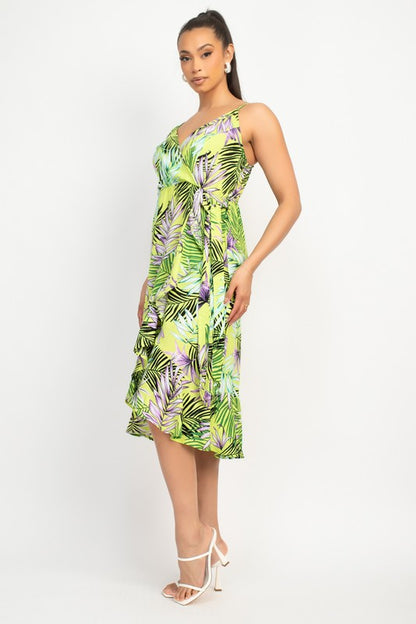 TROPICAL PRINT FLOUNCE MIDI DRESS