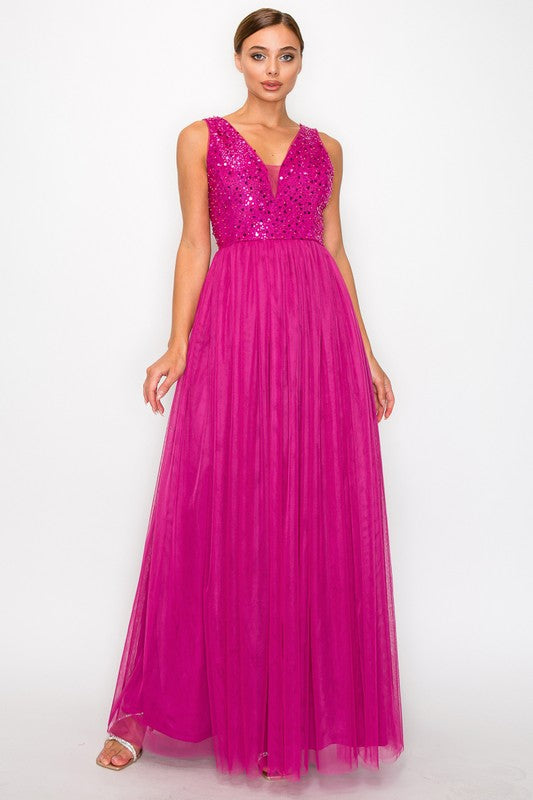 SQUINED TULLE MAXI DRESS