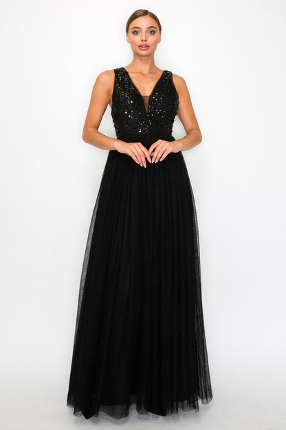 SQUINED TULLE MAXI DRESS