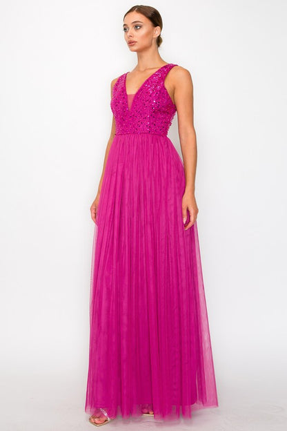 SQUINED TULLE MAXI DRESS