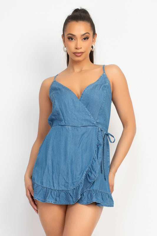 WRAP RUFFLED DENIM ROMPER