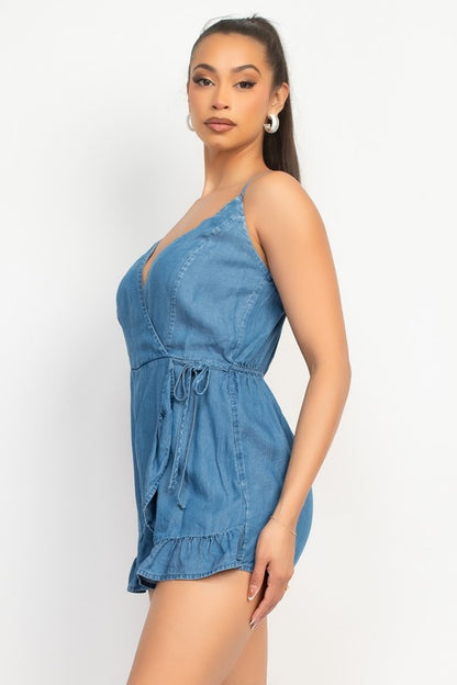 WRAP RUFFLED DENIM ROMPER