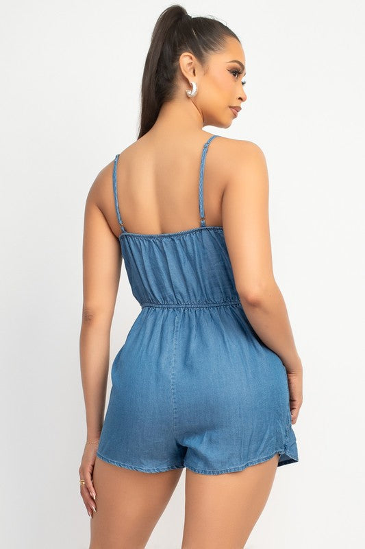 WRAP RUFFLED DENIM ROMPER