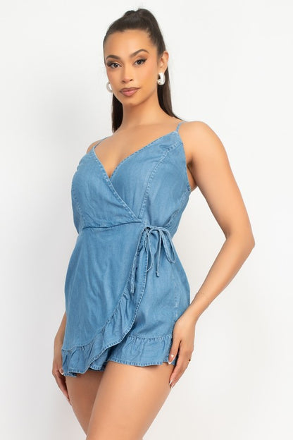 WRAP RUFFLED DENIM ROMPER