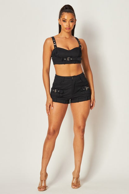 MARINA BUCKLE DETAIL CROP TANL TOP AND SHORT SET