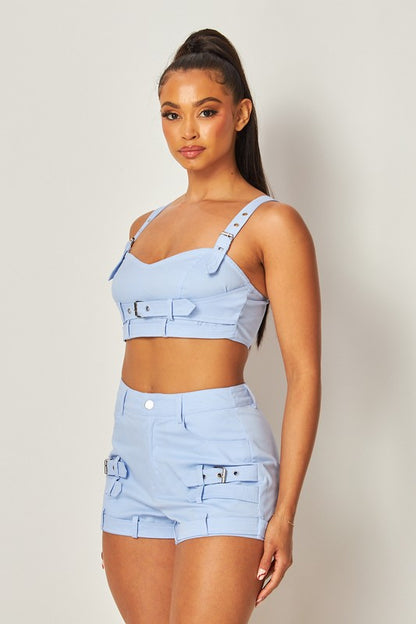 MARINA BUCKLE DETAIL CROP TANL TOP AND SHORT SET