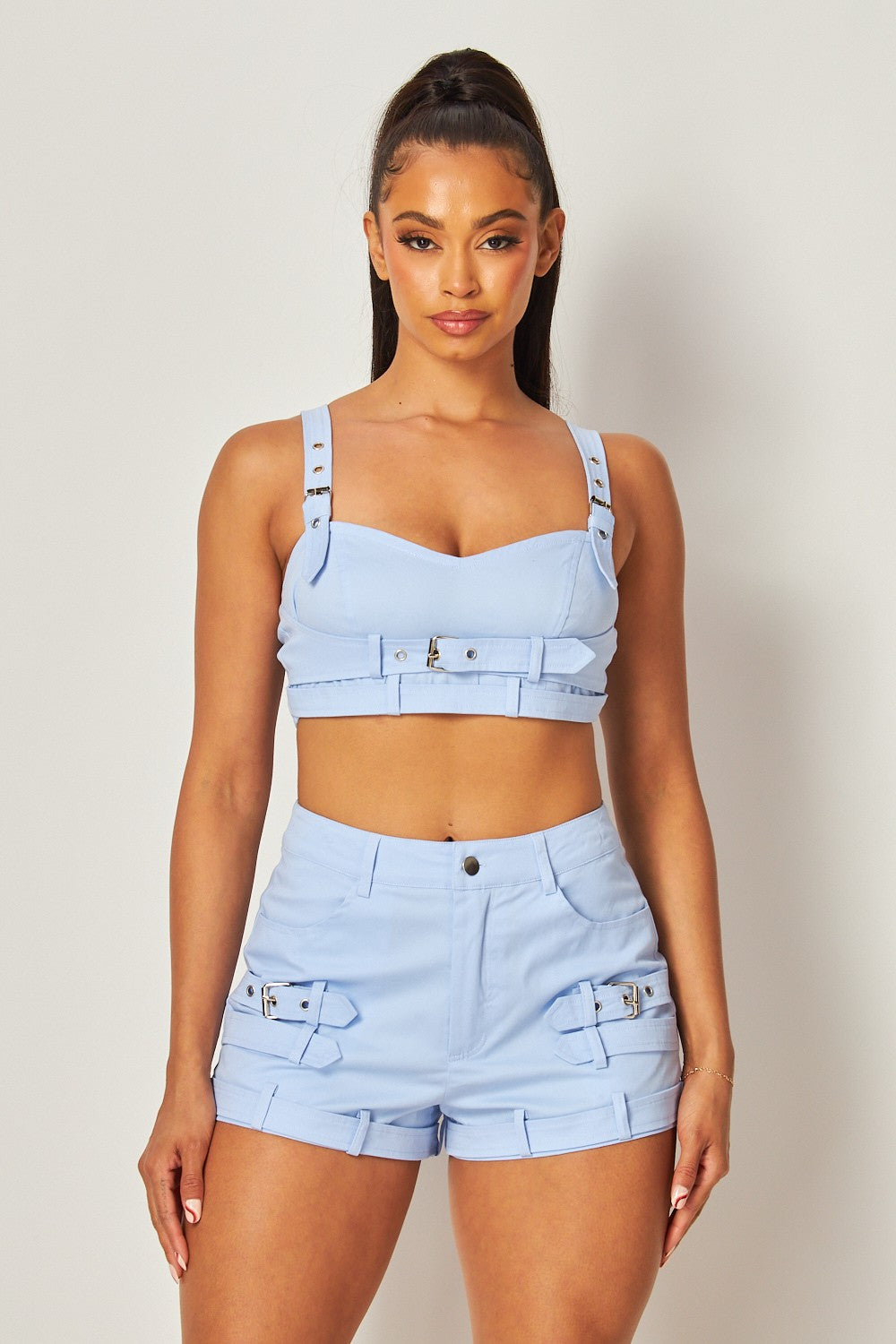 MARINA BUCKLE DETAIL CROP TANL TOP AND SHORT SET